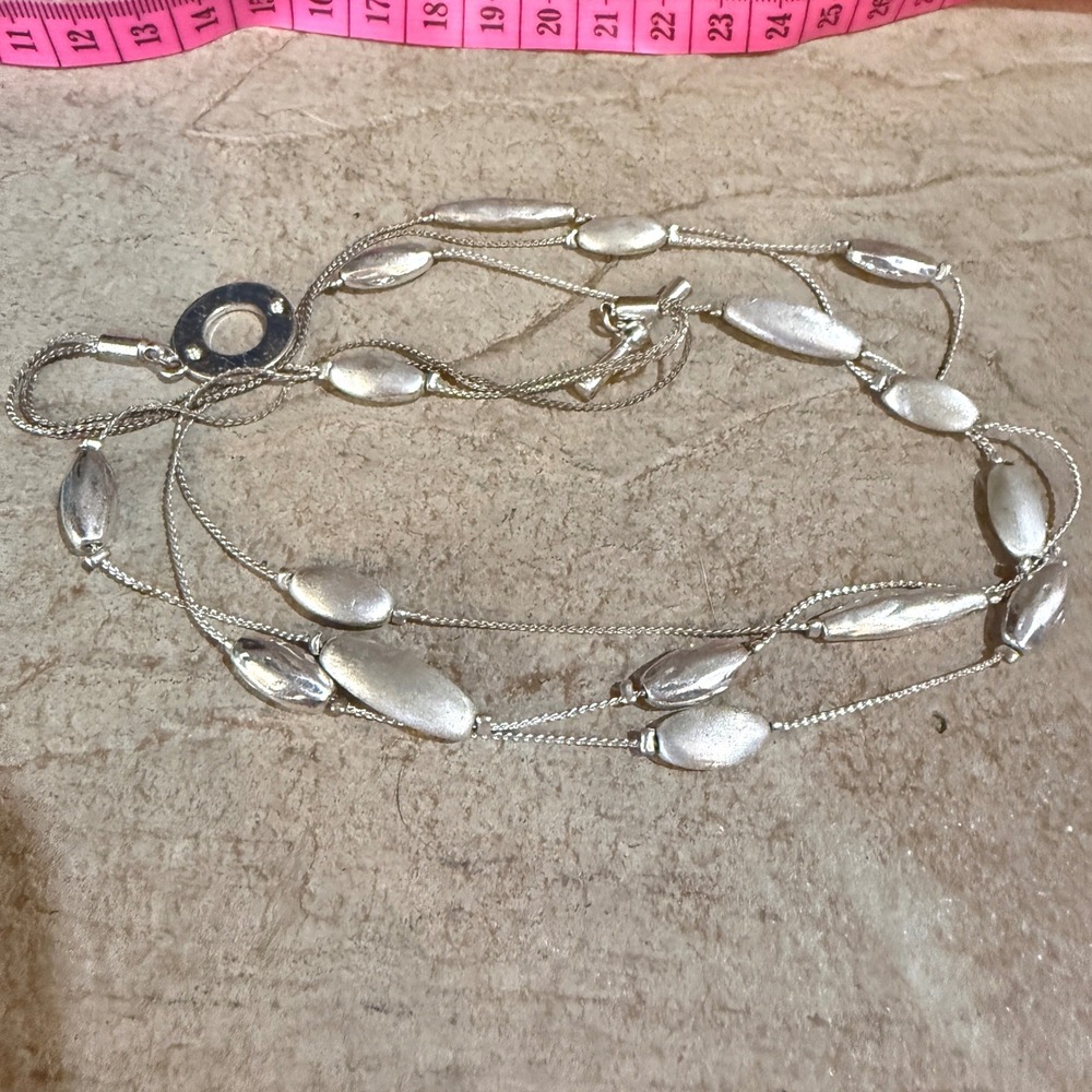 Silver Tone Multi Strand Layered Necklace Textured Oval Beads Toggle Clasp 19in
